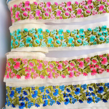 Gold Sheer Tissue Fabric Trim With Embroidered Turquoise / Red / Dark Blue / Pink / Blue / Orange & Green Flowers,